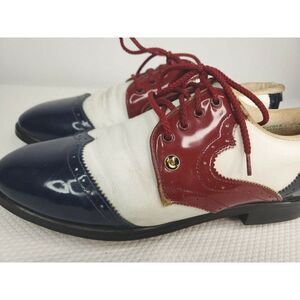 Vintage 60s Patent Leather Golf Shoes Oxfords Mens 9.5 Red White Blue USA